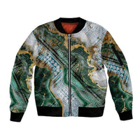 Polynesian Tribal Tattoo Sleeve Zip Bomber Jacket Green Marble Pattern