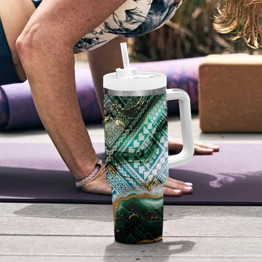 Polynesian Tribal Tattoo Tumbler With Handle Green Marble Pattern