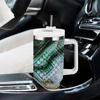 Polynesian Tribal Tattoo Tumbler With Handle Green Marble Pattern