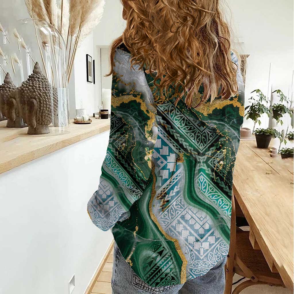 Polynesian Tribal Tattoo Women Casual Shirt Green Marble Pattern