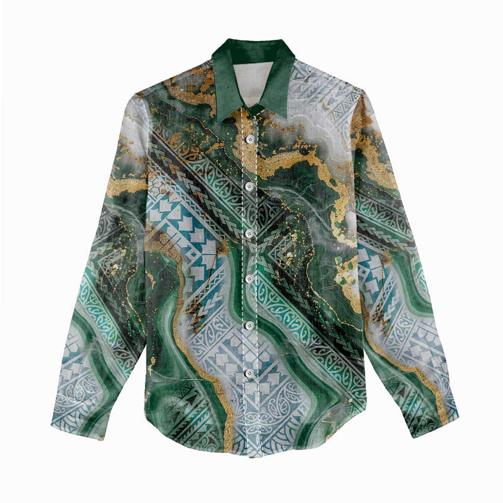 Polynesian Tribal Tattoo Women Casual Shirt Green Marble Pattern