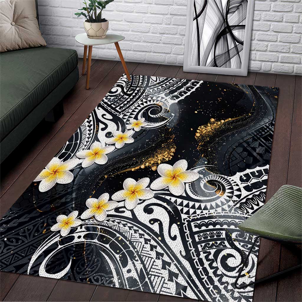 Polynesian Tribal Tattoo Area Rug Plumeria Black Gold Marble Pattern