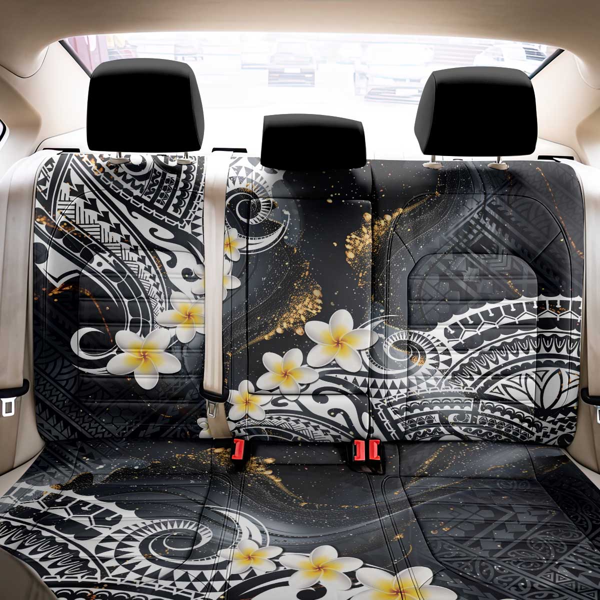 Polynesian Tribal Tattoo Back Car Seat Cover Plumeria Black Gold Marble Pattern