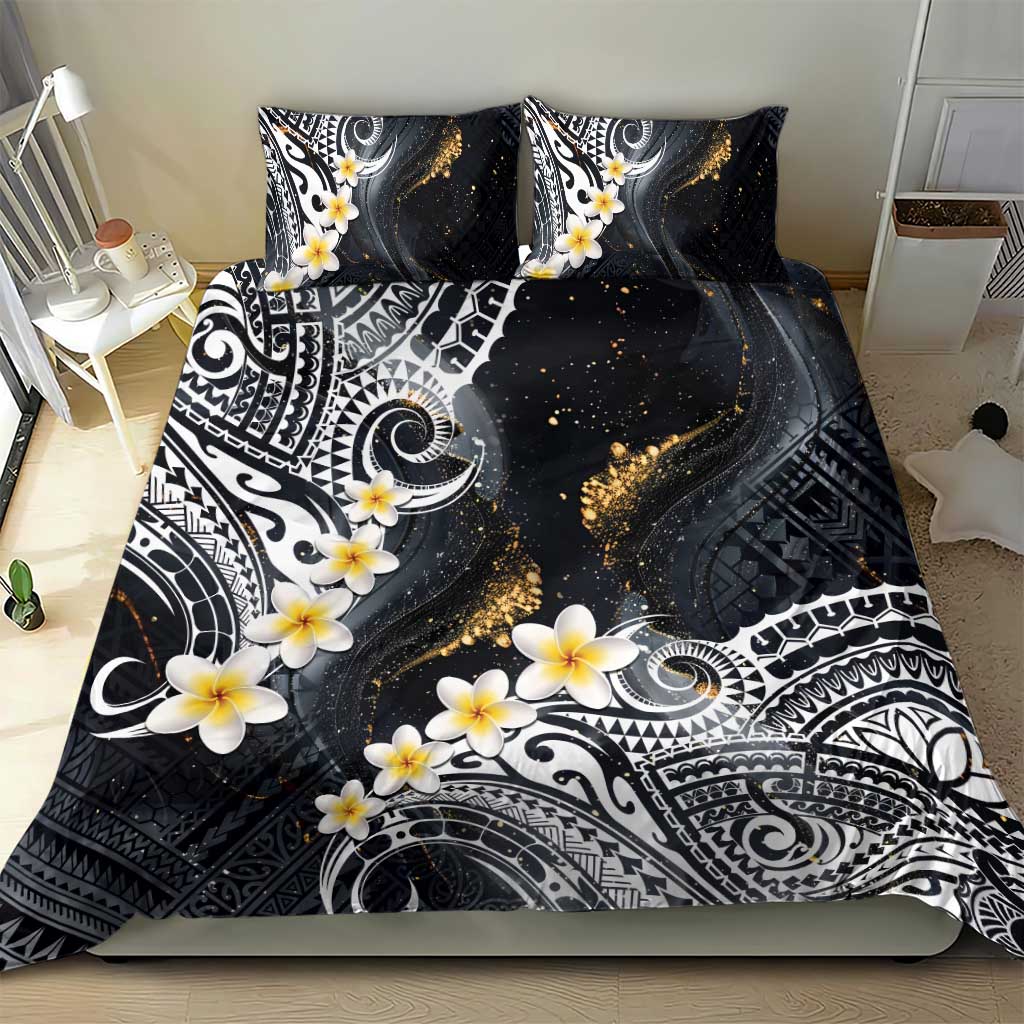 Polynesian Tribal Tattoo Bedding Set Plumeria Black Gold Marble Pattern
