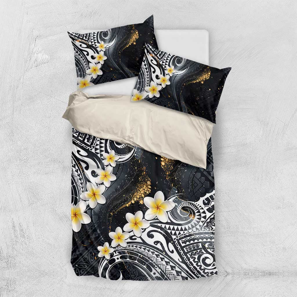 Polynesian Tribal Tattoo Bedding Set Plumeria Black Gold Marble Pattern