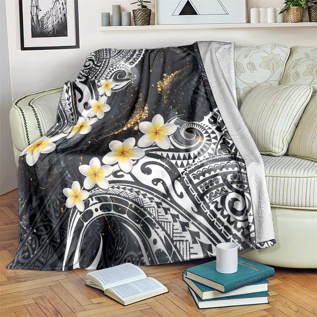 Polynesian Tribal Tattoo Blanket Plumeria Black Gold Marble Pattern
