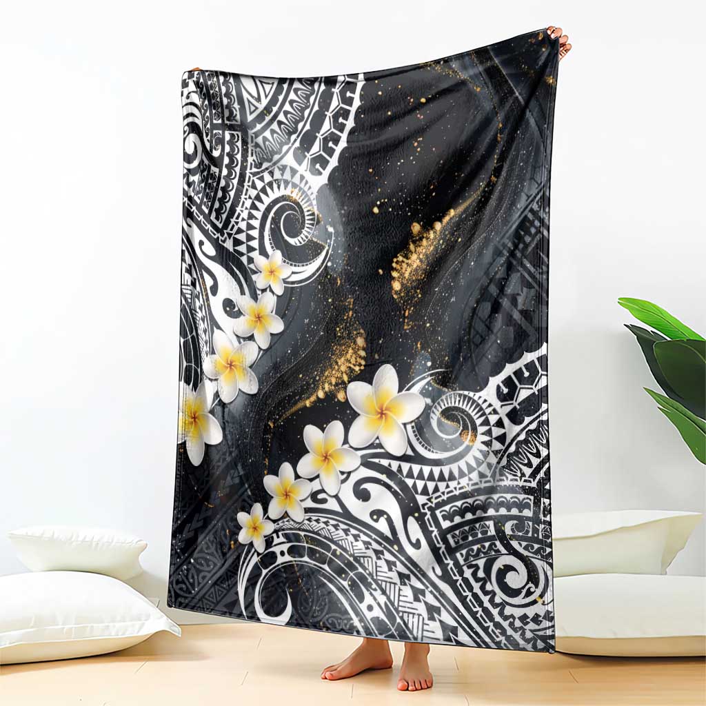 Polynesian Tribal Tattoo Blanket Plumeria Black Gold Marble Pattern