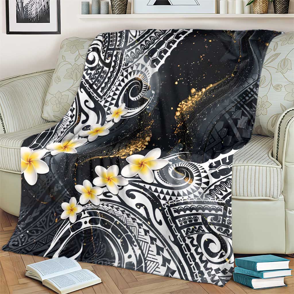 Polynesian Tribal Tattoo Blanket Plumeria Black Gold Marble Pattern