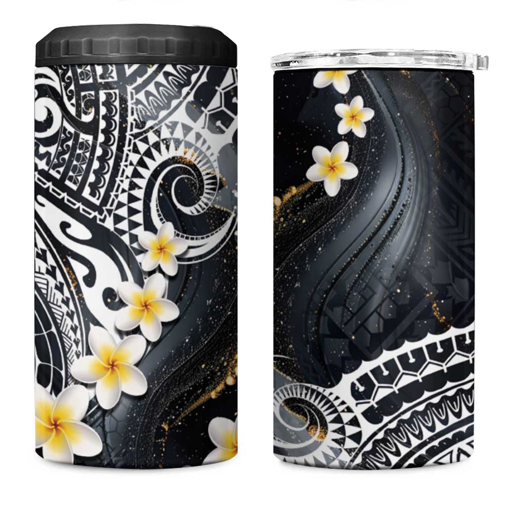 Polynesian Tribal Tattoo 4 in 1 Can Cooler Tumbler Plumeria Black Gold Marble Pattern