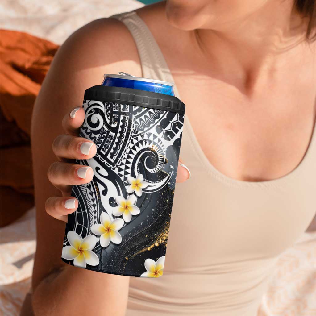 Polynesian Tribal Tattoo 4 in 1 Can Cooler Tumbler Plumeria Black Gold Marble Pattern