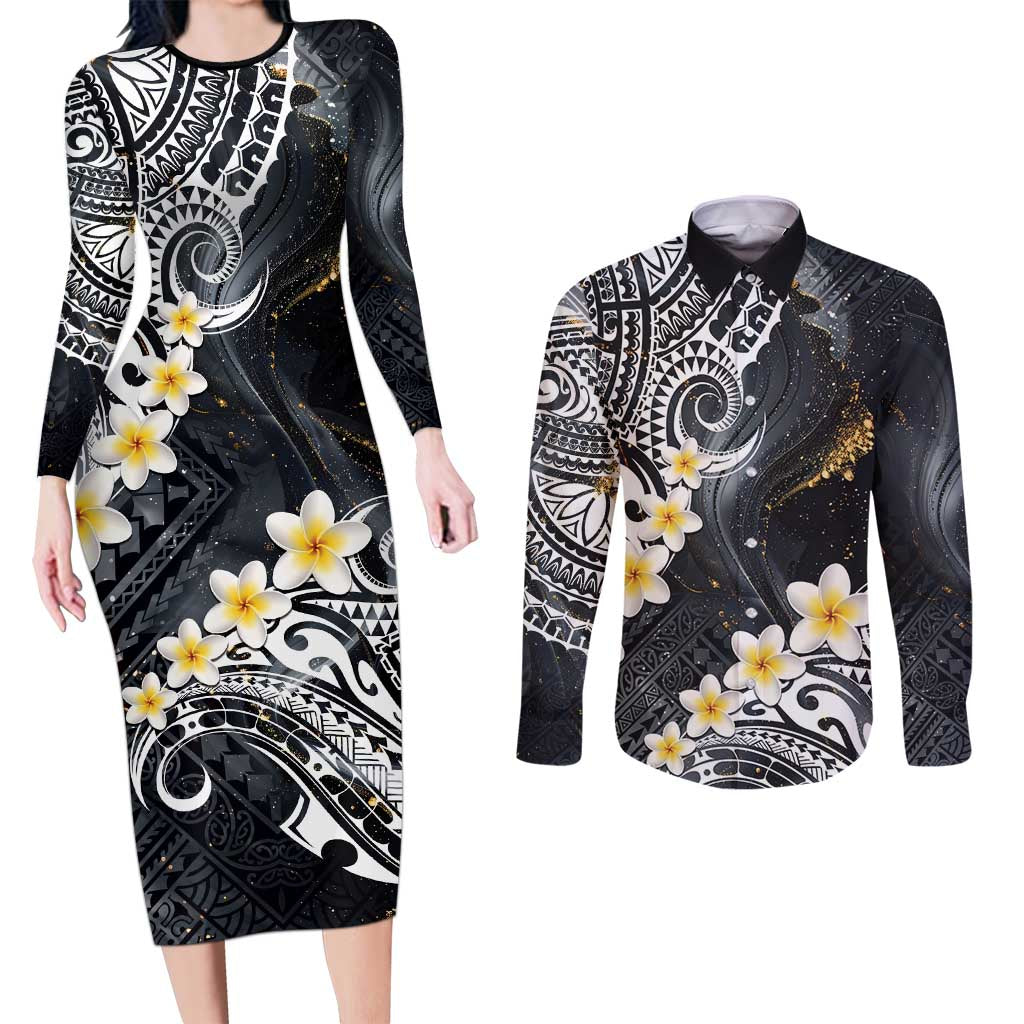 Polynesian Tribal Tattoo Couples Matching Long Sleeve Bodycon Dress and Long Sleeve Button Shirt Plumeria Black Gold Marble Pattern LT9 Black - Polynesian Pride
