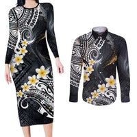 Polynesian Tribal Tattoo Couples Matching Long Sleeve Bodycon Dress and Long Sleeve Button Shirt Plumeria Black Gold Marble Pattern LT9 Black - Polynesian Pride