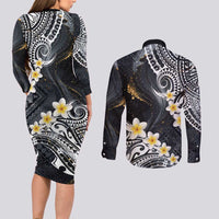 Polynesian Tribal Tattoo Couples Matching Long Sleeve Bodycon Dress and Long Sleeve Button Shirt Plumeria Black Gold Marble Pattern LT9 - Polynesian Pride