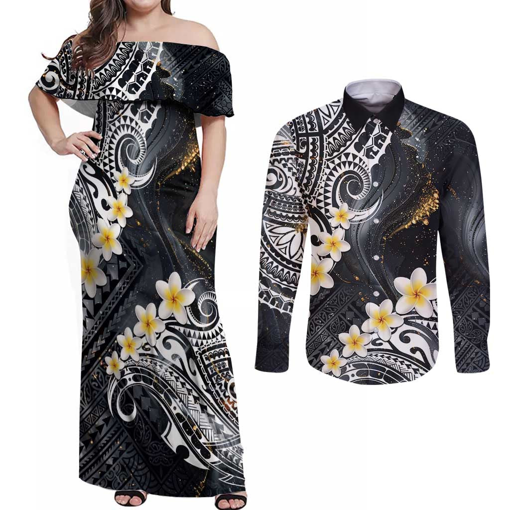 Polynesian Tribal Tattoo Couples Matching Off Shoulder Maxi Dress and Long Sleeve Button Shirt Plumeria Black Gold Marble Pattern