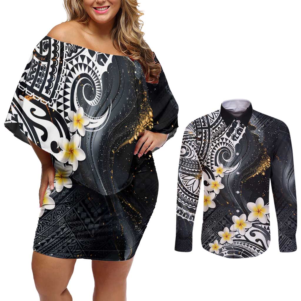 Polynesian Tribal Tattoo Couples Matching Off Shoulder Short Dress and Long Sleeve Button Shirt Plumeria Black Gold Marble Pattern