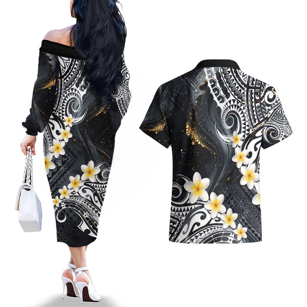 Polynesian Tribal Tattoo Couples Matching Off The Shoulder Long Sleeve Dress and Hawaiian Shirt Plumeria Black Gold Marble Pattern