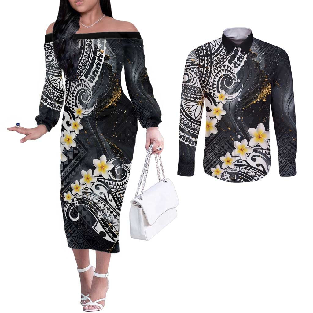 Polynesian Tribal Tattoo Couples Matching Off The Shoulder Long Sleeve Dress and Long Sleeve Button Shirt Plumeria Black Gold Marble Pattern