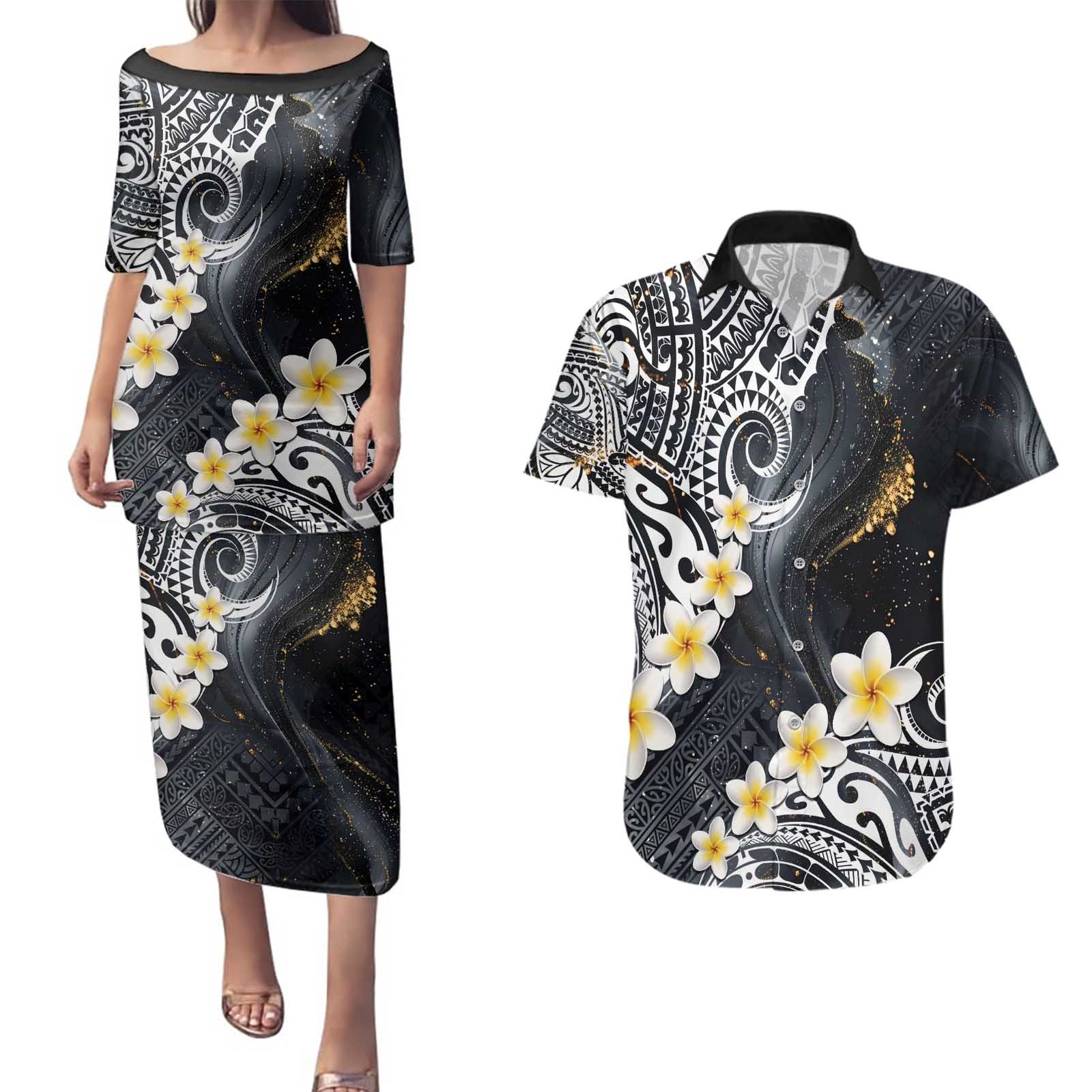 Polynesian Tribal Tattoo Couples Matching Puletasi and Hawaiian Shirt Plumeria Black Gold Marble Pattern