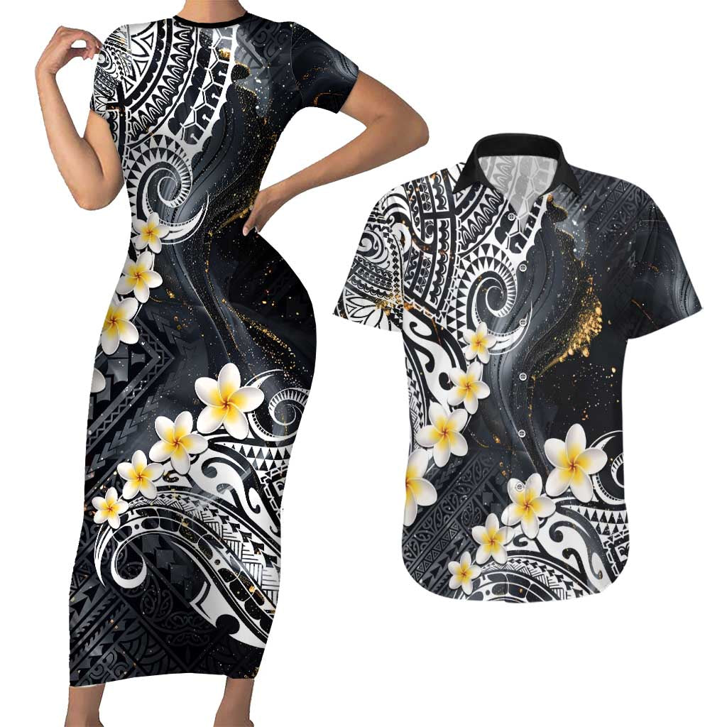 Polynesian Tribal Tattoo Couples Matching Short Sleeve Bodycon Dress and Hawaiian Shirt Plumeria Black Gold Marble Pattern
