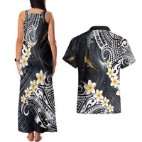 Polynesian Tribal Tattoo Couples Matching Tank Maxi Dress and Hawaiian Shirt Plumeria Black Gold Marble Pattern