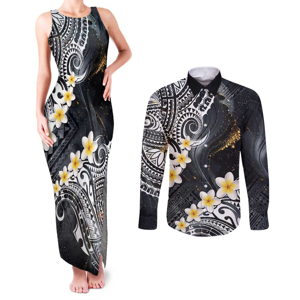 Polynesian Tribal Tattoo Couples Matching Tank Maxi Dress and Long Sleeve Button Shirt Plumeria Black Gold Marble Pattern