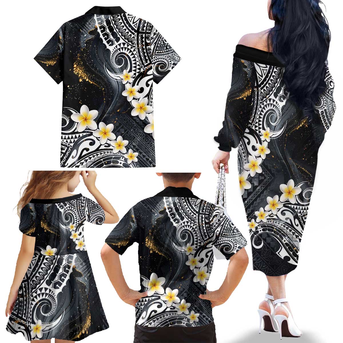 Polynesian Tribal Tattoo Family Matching Off The Shoulder Long Sleeve Dress and Hawaiian Shirt Plumeria Black Gold Marble Pattern