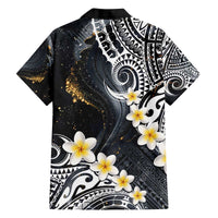 Polynesian Tribal Tattoo Family Matching Off The Shoulder Long Sleeve Dress and Hawaiian Shirt Plumeria Black Gold Marble Pattern