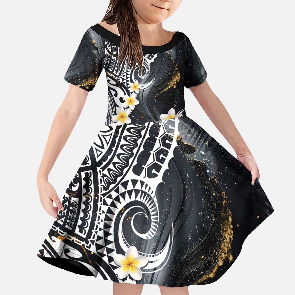 Polynesian Tribal Tattoo Family Matching Off Shoulder Maxi Dress and Hawaiian Shirt Plumeria Black Gold Marble Pattern