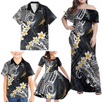 Polynesian Tribal Tattoo Family Matching Off Shoulder Maxi Dress and Hawaiian Shirt Plumeria Black Gold Marble Pattern