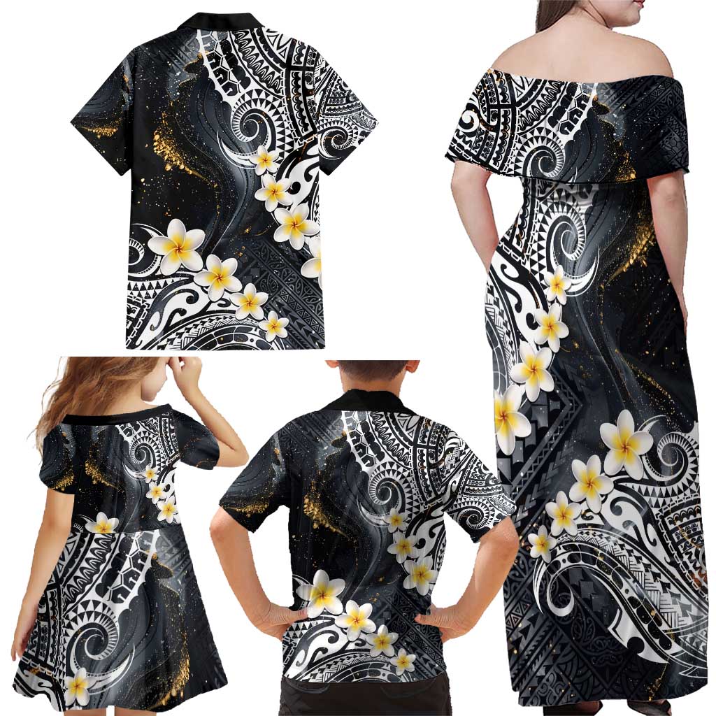 Polynesian Tribal Tattoo Family Matching Off Shoulder Maxi Dress and Hawaiian Shirt Plumeria Black Gold Marble Pattern