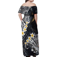 Polynesian Tribal Tattoo Family Matching Off Shoulder Maxi Dress and Hawaiian Shirt Plumeria Black Gold Marble Pattern
