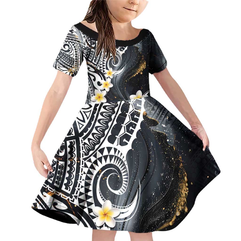 Polynesian Tribal Tattoo Family Matching Off Shoulder Short Dress and Hawaiian Shirt Plumeria Black Gold Marble Pattern