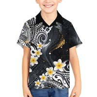 Polynesian Tribal Tattoo Family Matching Puletasi and Hawaiian Shirt Plumeria Black Gold Marble Pattern