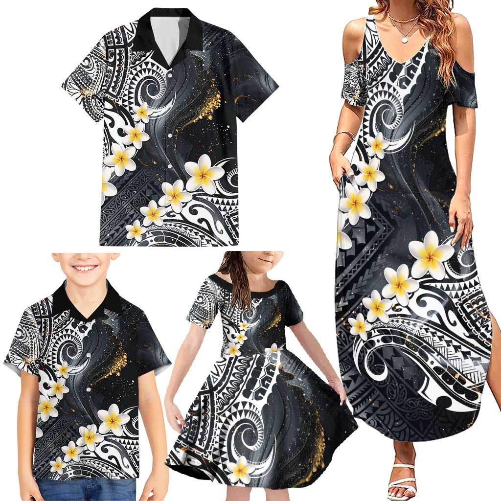Polynesian Tribal Tattoo Family Matching Summer Maxi Dress and Hawaiian Shirt Plumeria Black Gold Marble Pattern