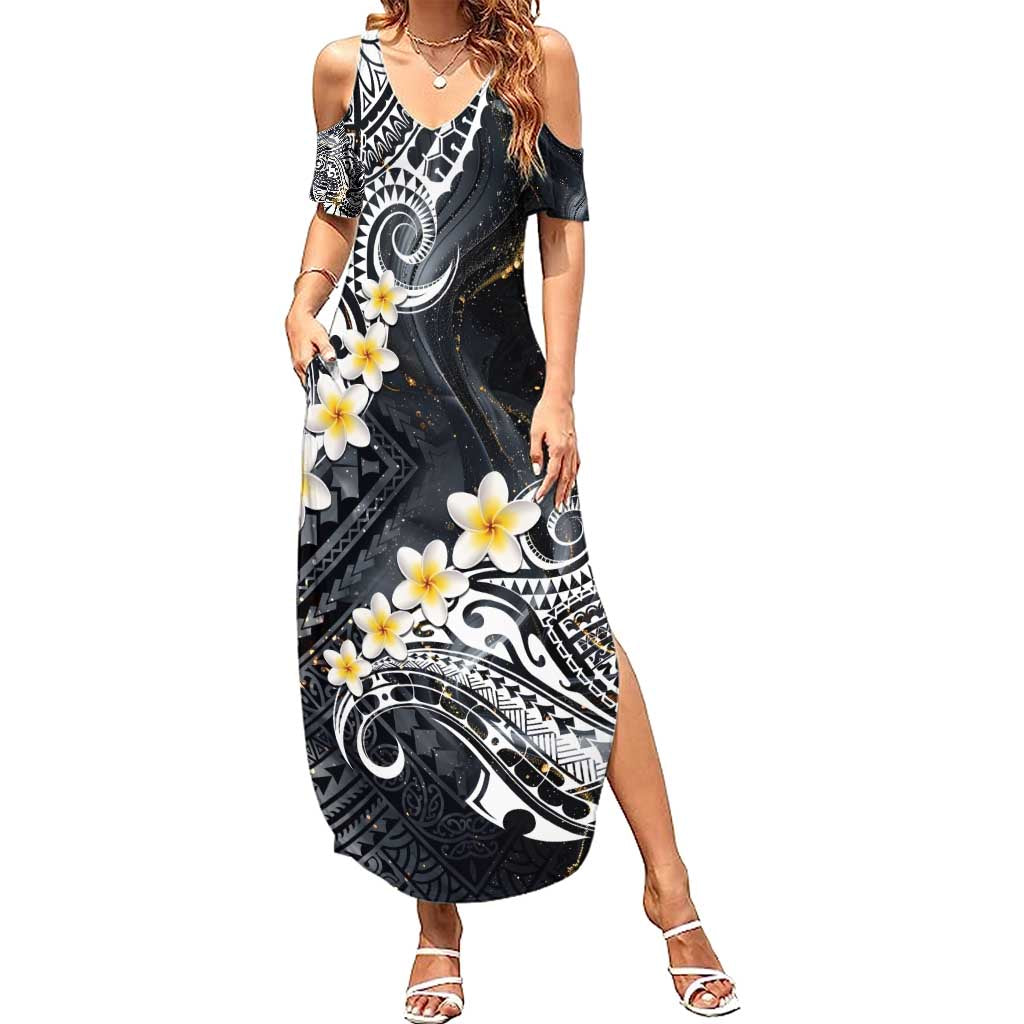 Polynesian Tribal Tattoo Family Matching Summer Maxi Dress and Hawaiian Shirt Plumeria Black Gold Marble Pattern
