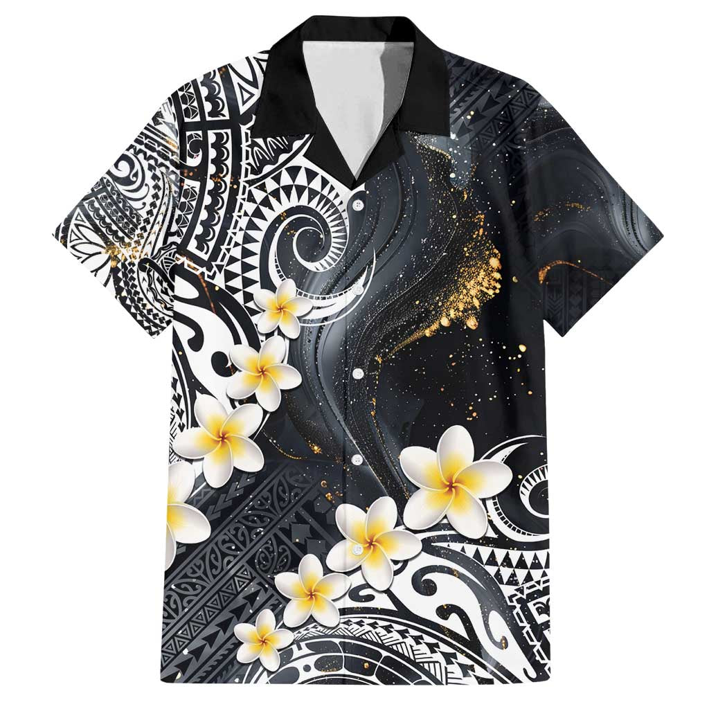 Polynesian Tribal Tattoo Family Matching Tank Maxi Dress and Hawaiian Shirt Plumeria Black Gold Marble Pattern