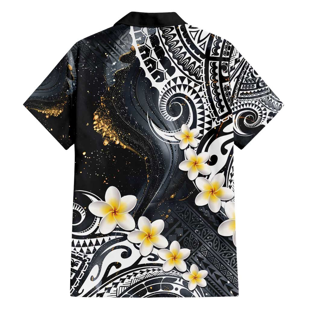 Polynesian Tribal Tattoo Family Matching Tank Maxi Dress and Hawaiian Shirt Plumeria Black Gold Marble Pattern