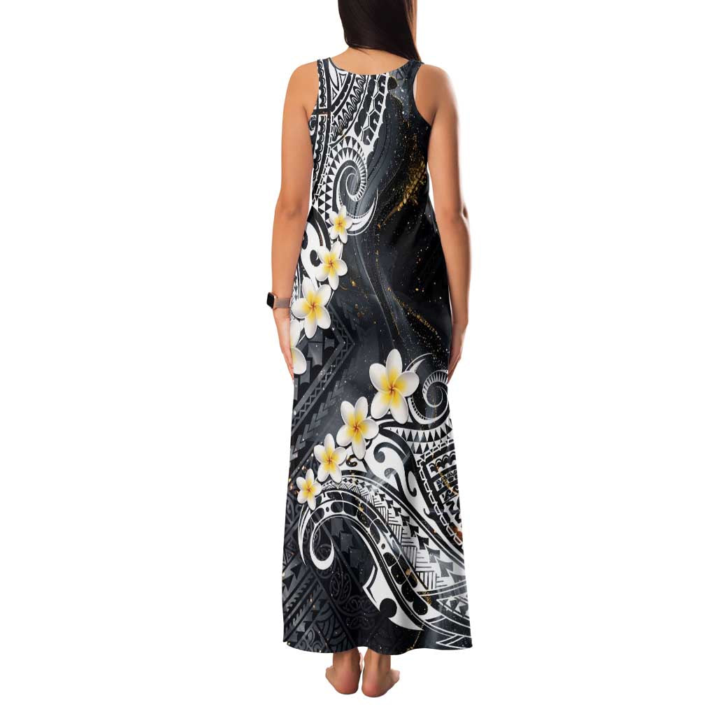 Polynesian Tribal Tattoo Family Matching Tank Maxi Dress and Hawaiian Shirt Plumeria Black Gold Marble Pattern