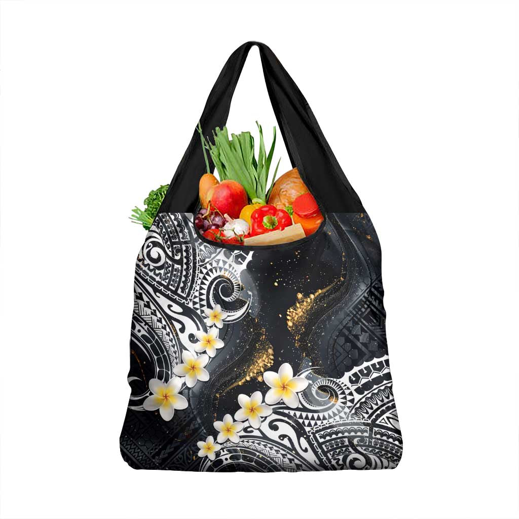 Polynesian Tribal Tattoo Grocery Bag Plumeria Black Gold Marble Pattern