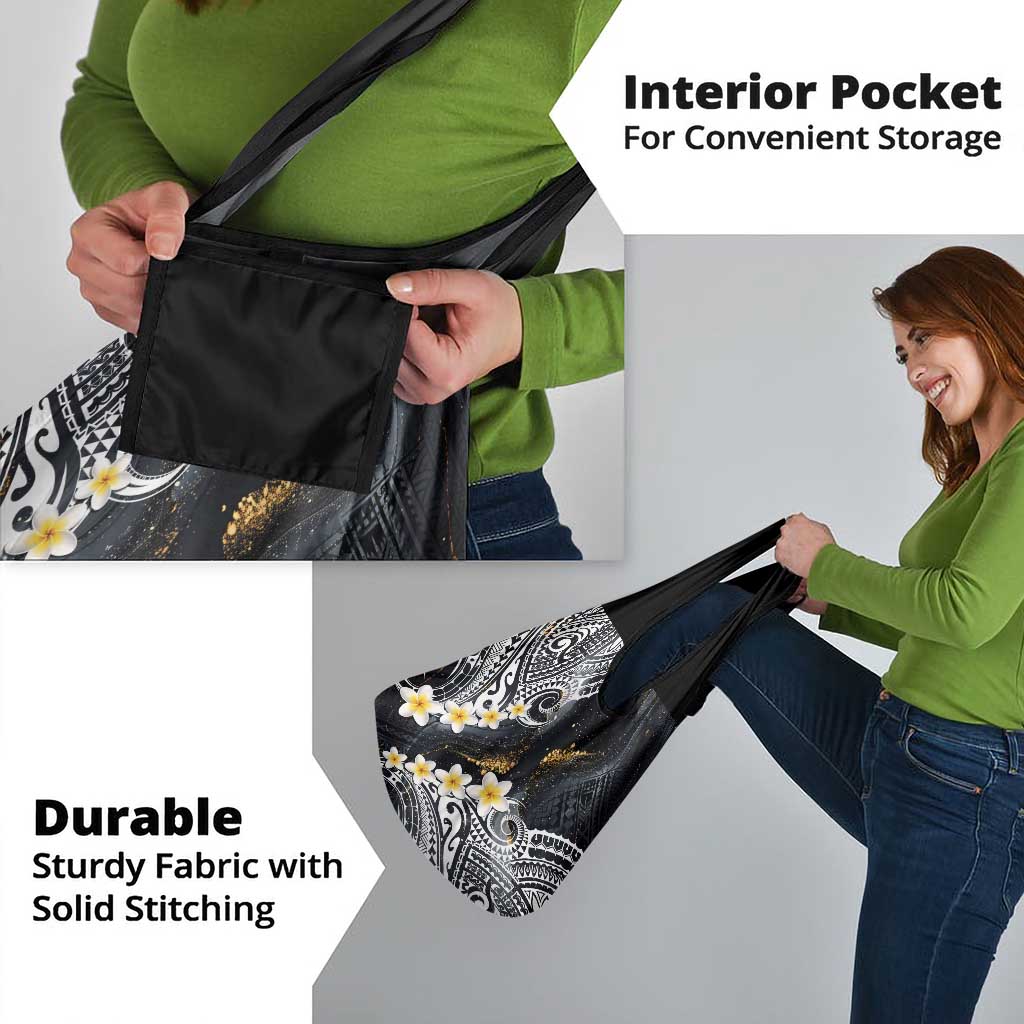 Polynesian Tribal Tattoo Grocery Bag Plumeria Black Gold Marble Pattern