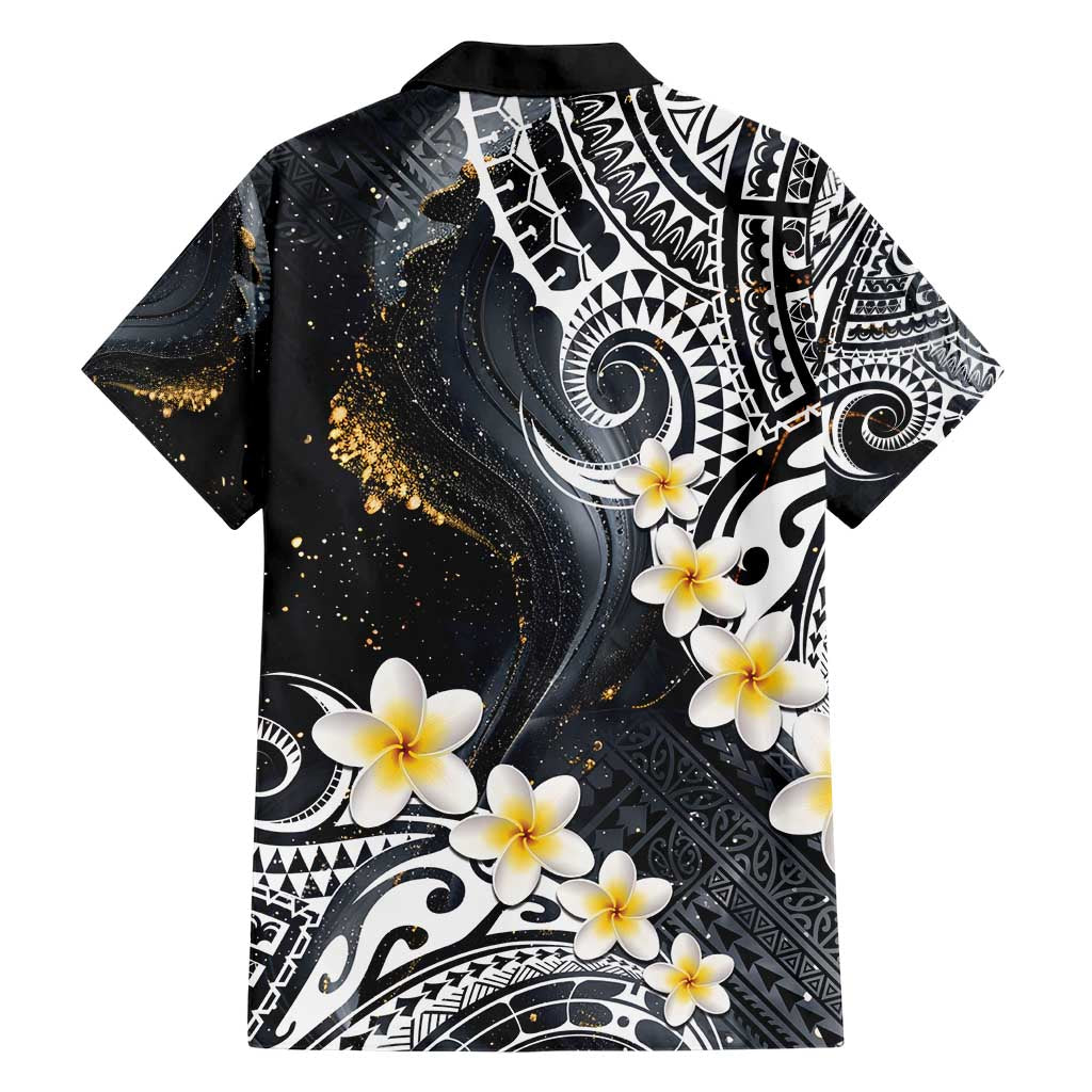 Polynesian Tribal Tattoo Hawaiian Shirt Plumeria Black Gold Marble Pattern