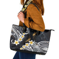 Polynesian Tribal Tattoo Leather Tote Bag Plumeria Black Gold Marble Pattern