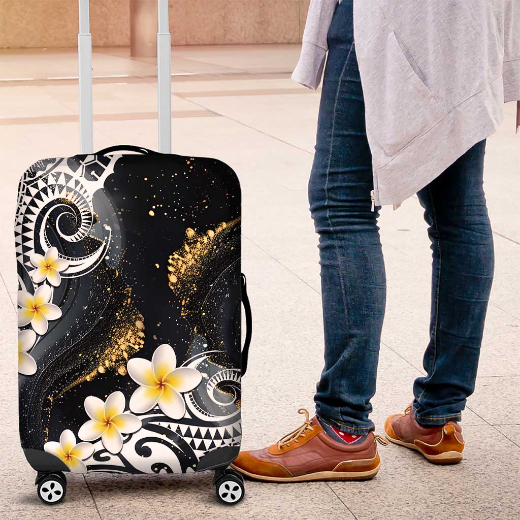 Polynesian Tribal Tattoo Luggage Cover Plumeria Black Gold Marble Pattern