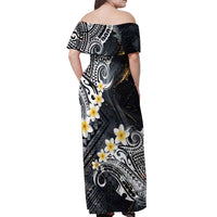 Polynesian Tribal Tattoo Off Shoulder Maxi Dress Plumeria Black Gold Marble Pattern