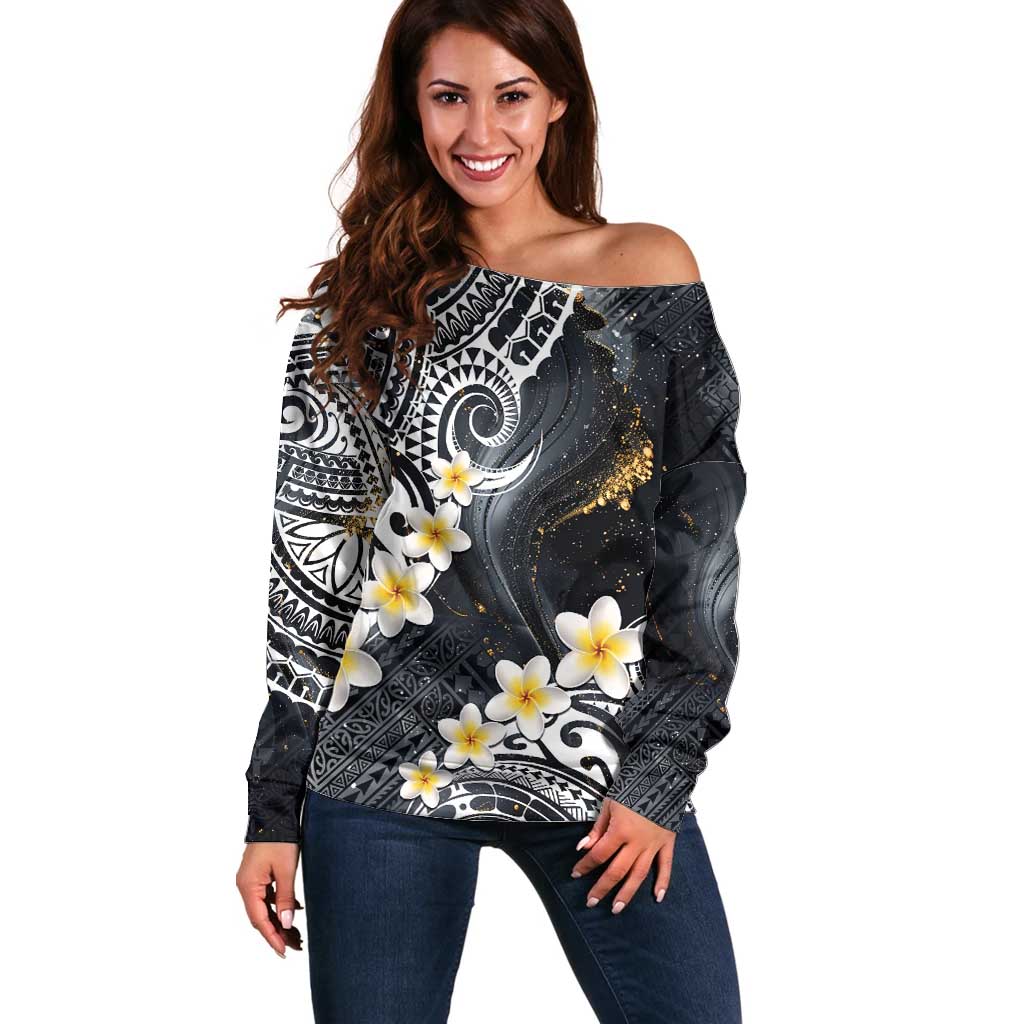 Polynesian Tribal Tattoo Off Shoulder Sweater Plumeria Black Gold Marble Pattern