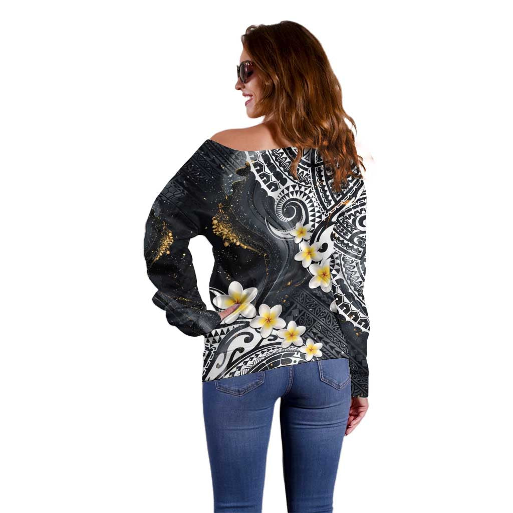 Polynesian Tribal Tattoo Off Shoulder Sweater Plumeria Black Gold Marble Pattern