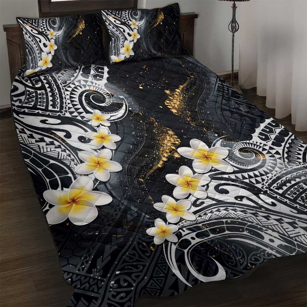 Polynesian Tribal Tattoo Quilt Bed Set Plumeria Black Gold Marble Pattern
