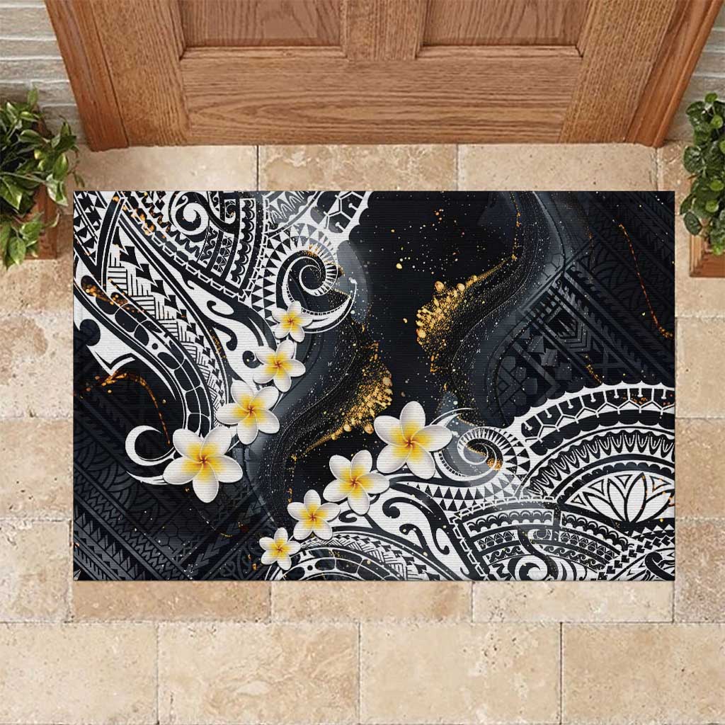Polynesian Tribal Tattoo Rubber Doormat Plumeria Black Gold Marble Pattern