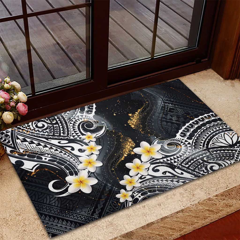 Polynesian Tribal Tattoo Rubber Doormat Plumeria Black Gold Marble Pattern