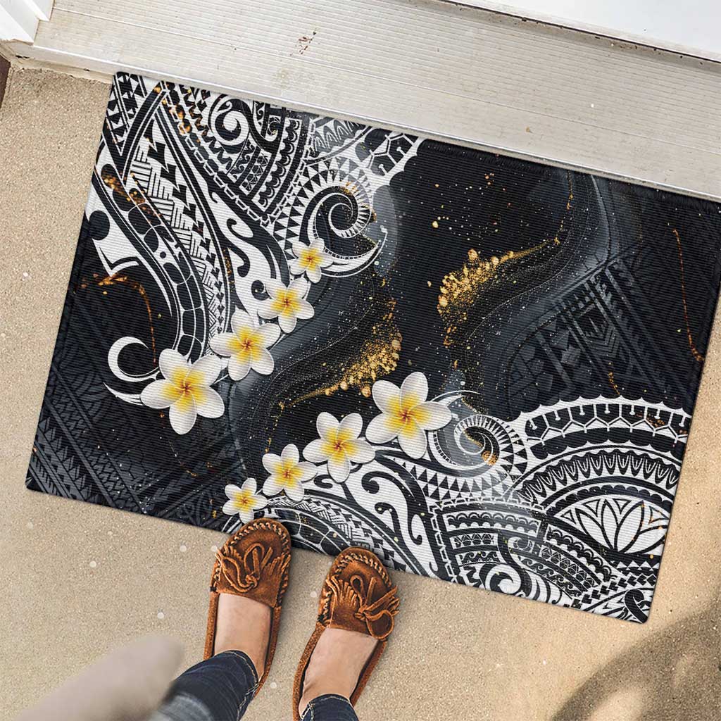 Polynesian Tribal Tattoo Rubber Doormat Plumeria Black Gold Marble Pattern